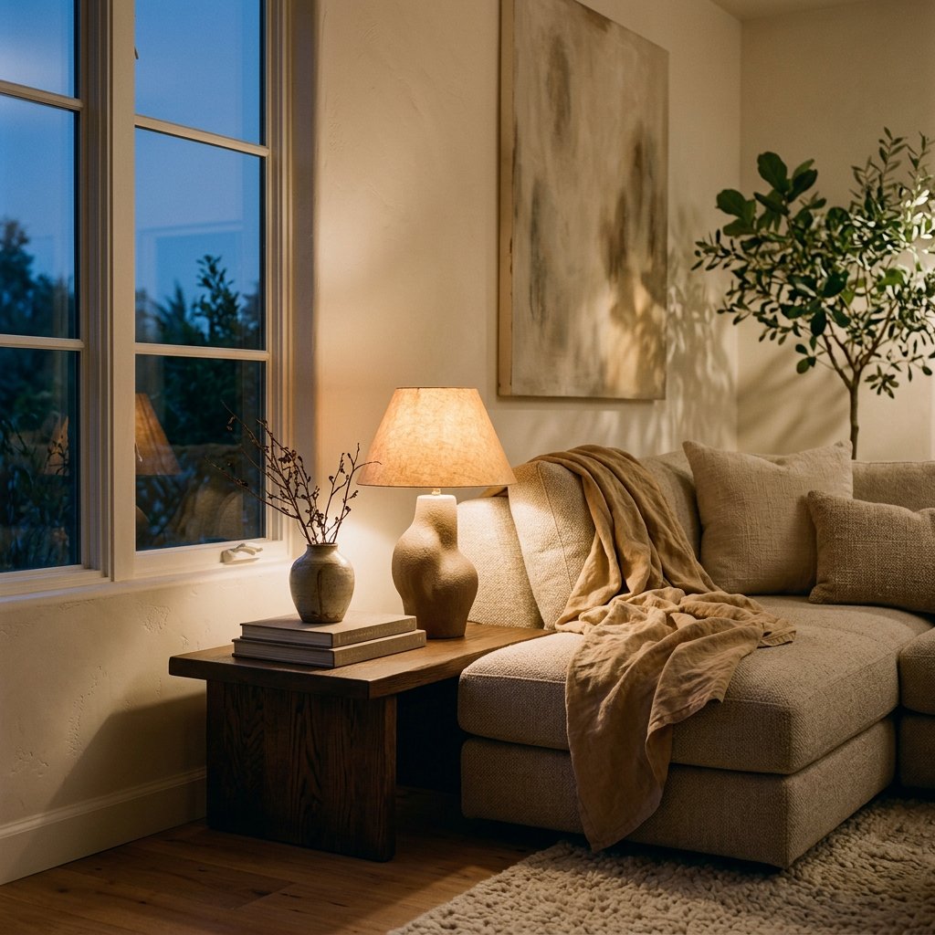 Eine stilvolle Wohnzimmerecke im Abendlicht, mit einem cremefarbenen Sofa, texturierten Kissen, warmen Steh- und Tischlampen sowie minimalistischer Dekoration, die eine einladende Atmosphäre schafft.