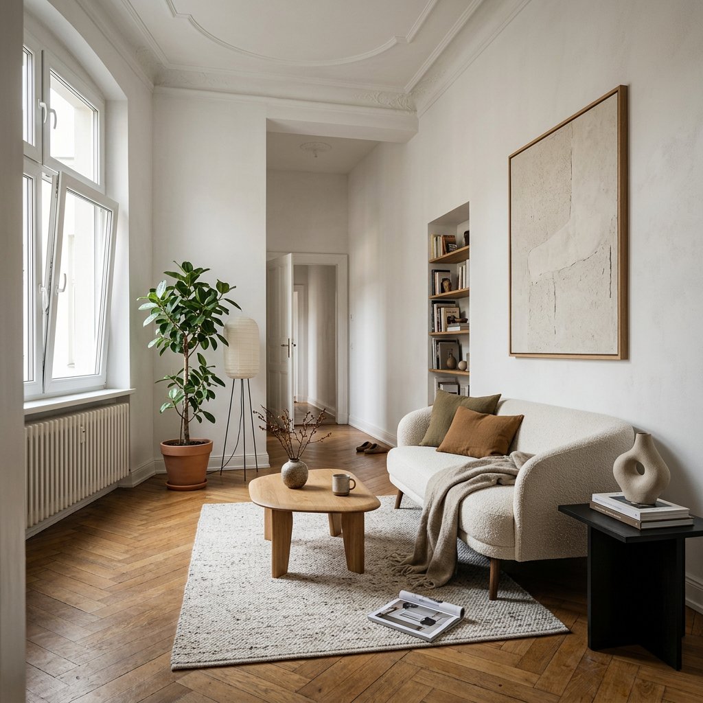A bright, minimalist small living room featuring a compact sofa, elegant side table with decor, and abstract wall art, designed for spaciousness.