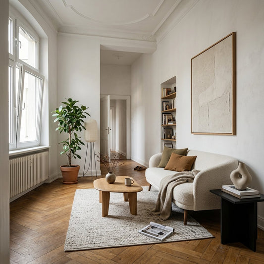 A bright, minimalist small living room featuring a compact sofa, elegant side table with decor, and abstract wall art, designed for spaciousness.