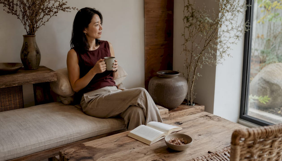 Eine Frau genießt die entspannte Atmosphäre ihres Wabi-Sabi-inspirierten Wohnzimmers.
