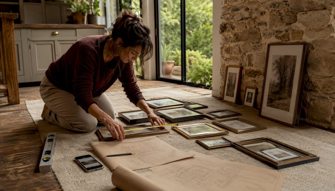 Eine Frau überlegt, wie sie ihre Bilder an der Wand arrangieren möchte, um daraus eine Galerie zu gestalten.