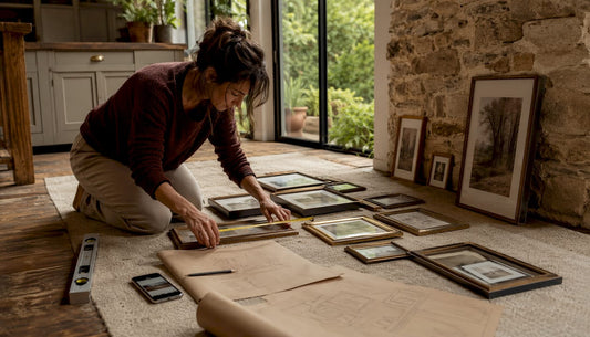 Eine Frau überlegt, wie sie ihre Bilder an der Wand arrangieren möchte, um daraus eine Galerie zu gestalten.