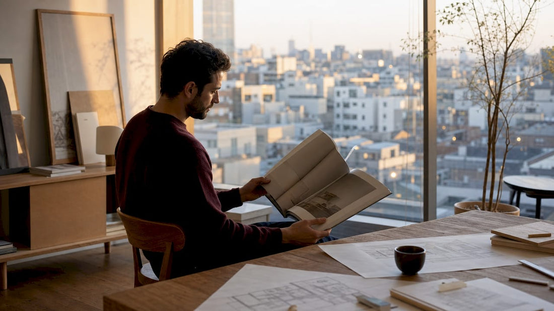 In seinem modernen Loft vertieft sich ein Mann in ein Buch über Brutalismus und Architektur.