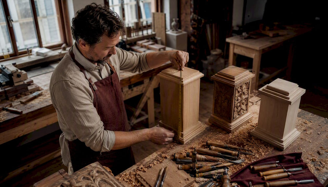 Im Atelier überprüft der Handwerker die Höhe des Sockels.