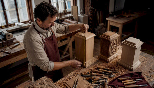 Im Atelier überprüft der Handwerker die Höhe des Sockels.